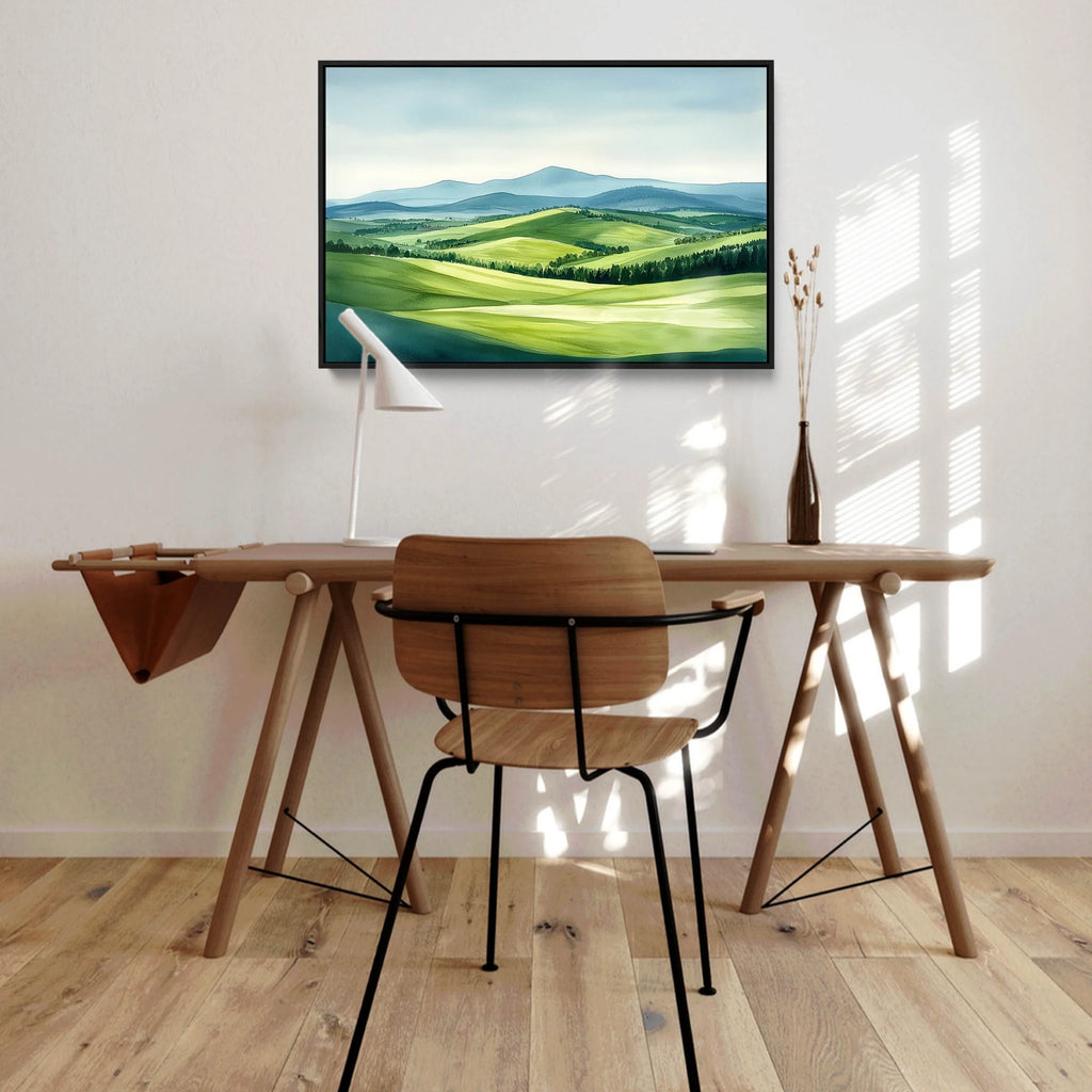 A bright modern scenery wall art for living room in shades of green.