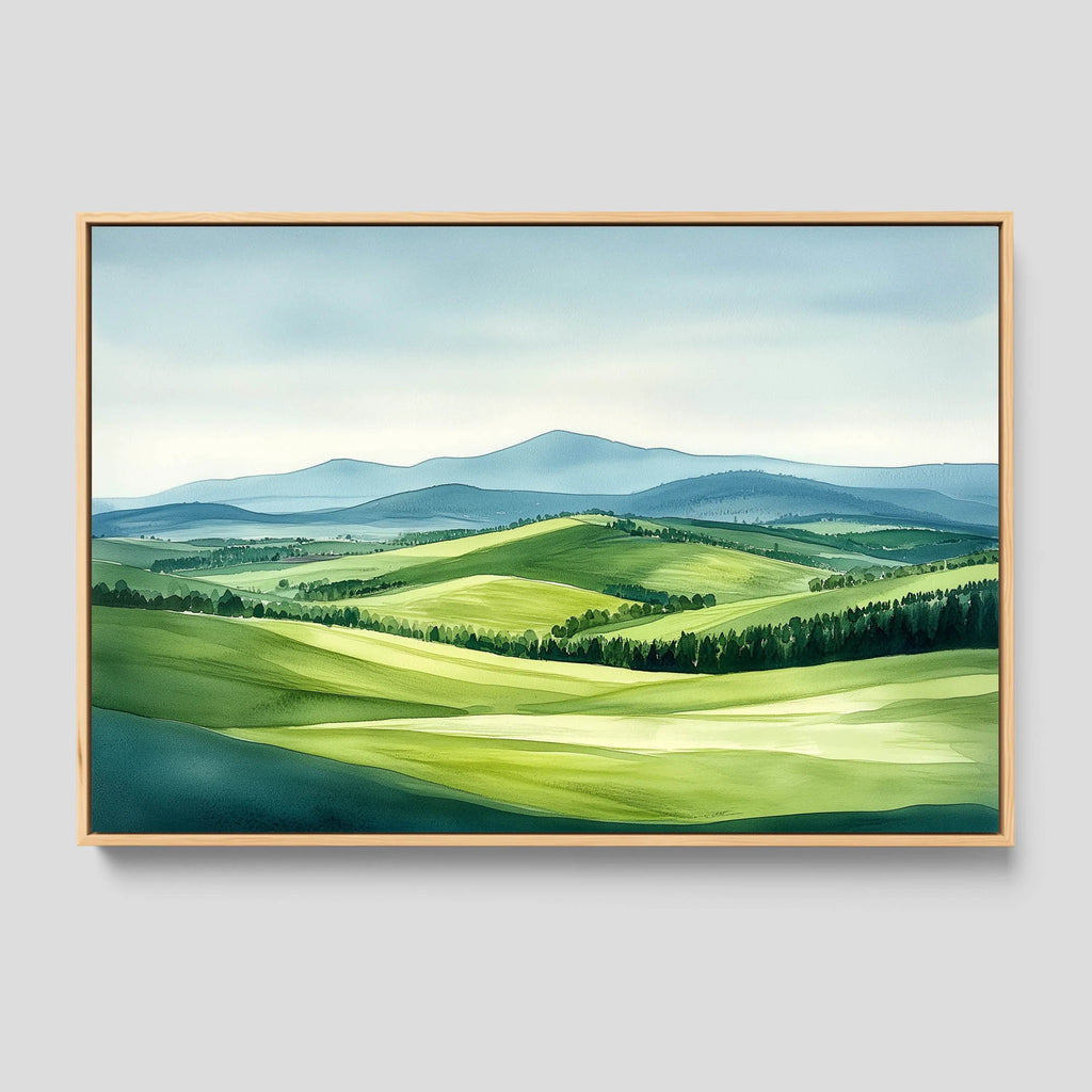 A simple nature wall art featuring rolling green fields.