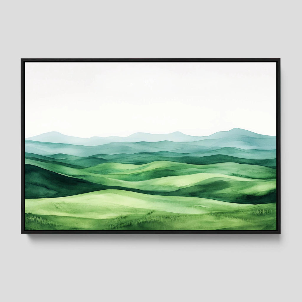 A minimal landscape art featuring soft lines and green hues.