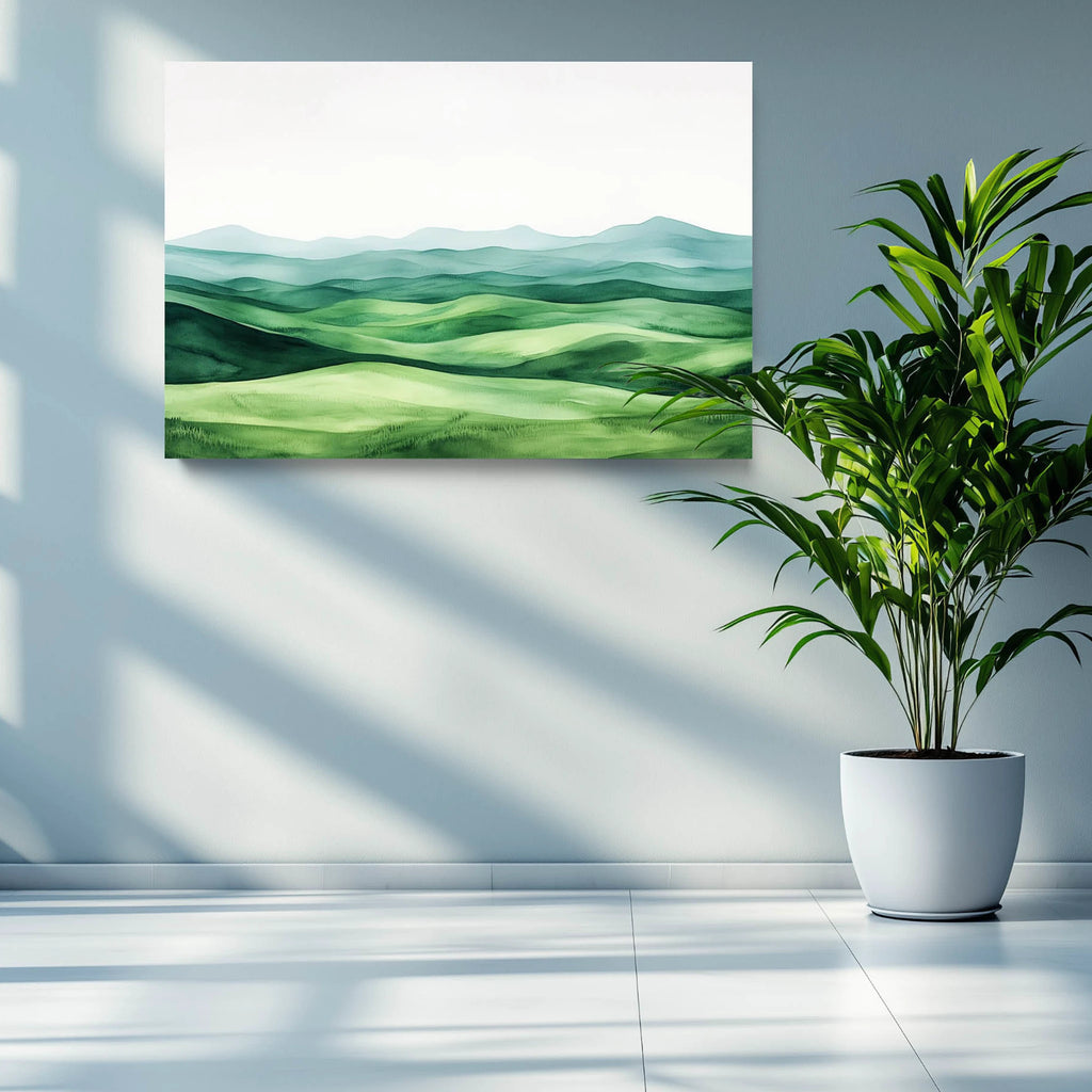 A framed minimalist landscape canvas artwork in shades of green.