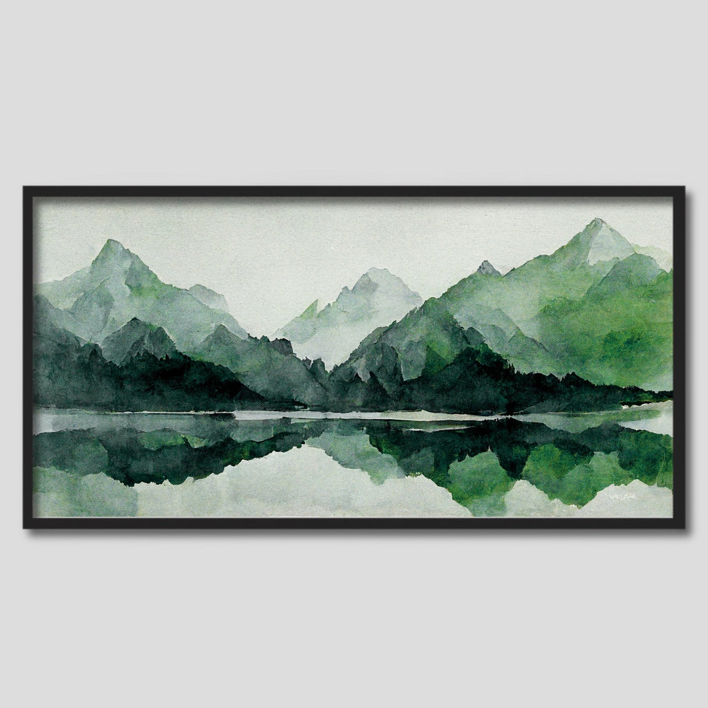 Framed Mountain Painting in Shades of Green.