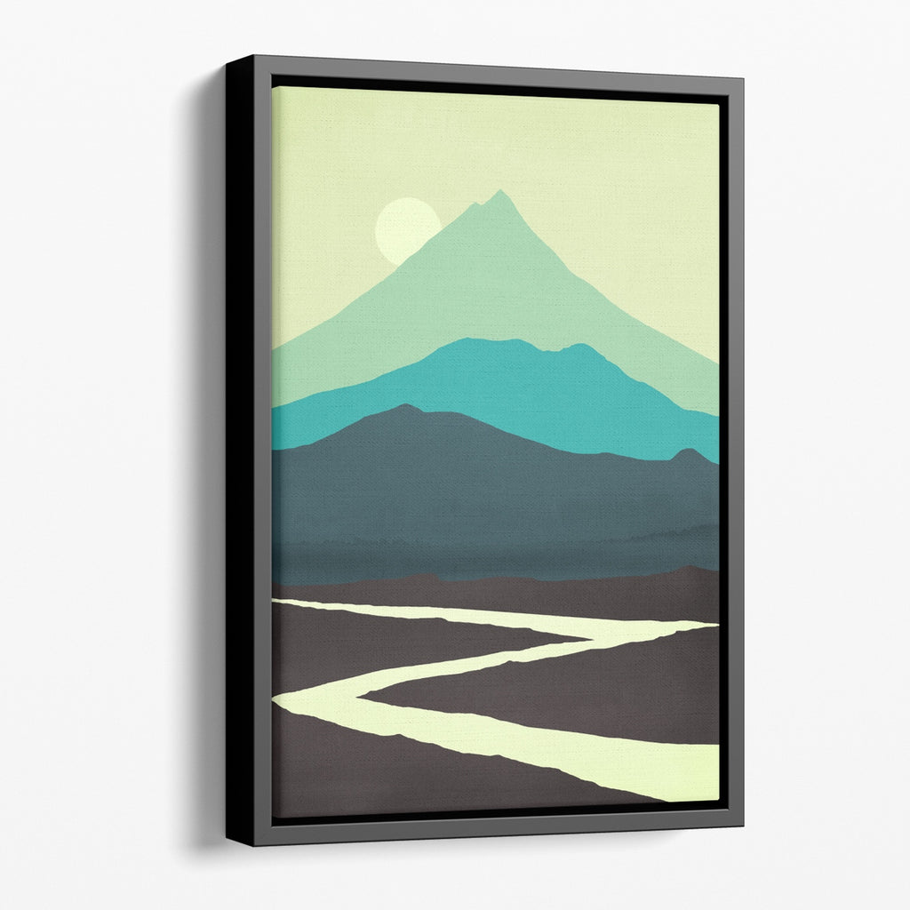 A vertical abstract green mountain nature artwork on stretched canvas with a floating frame.