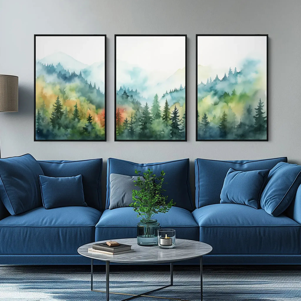 A modern triptych landscape watercolor painting on canvas, framed or unframed.