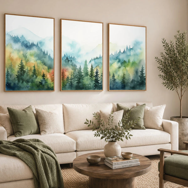 A modern triptych landscape watercolor painting on canvas, framed or unframed.