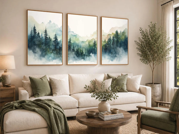 Modern 3 piece landscape painting set in shades of green.