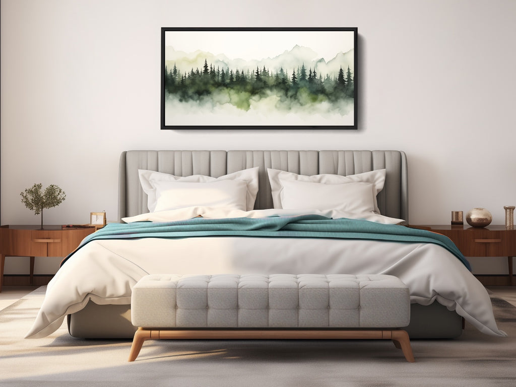 A large framed watercolor artwork in green. 