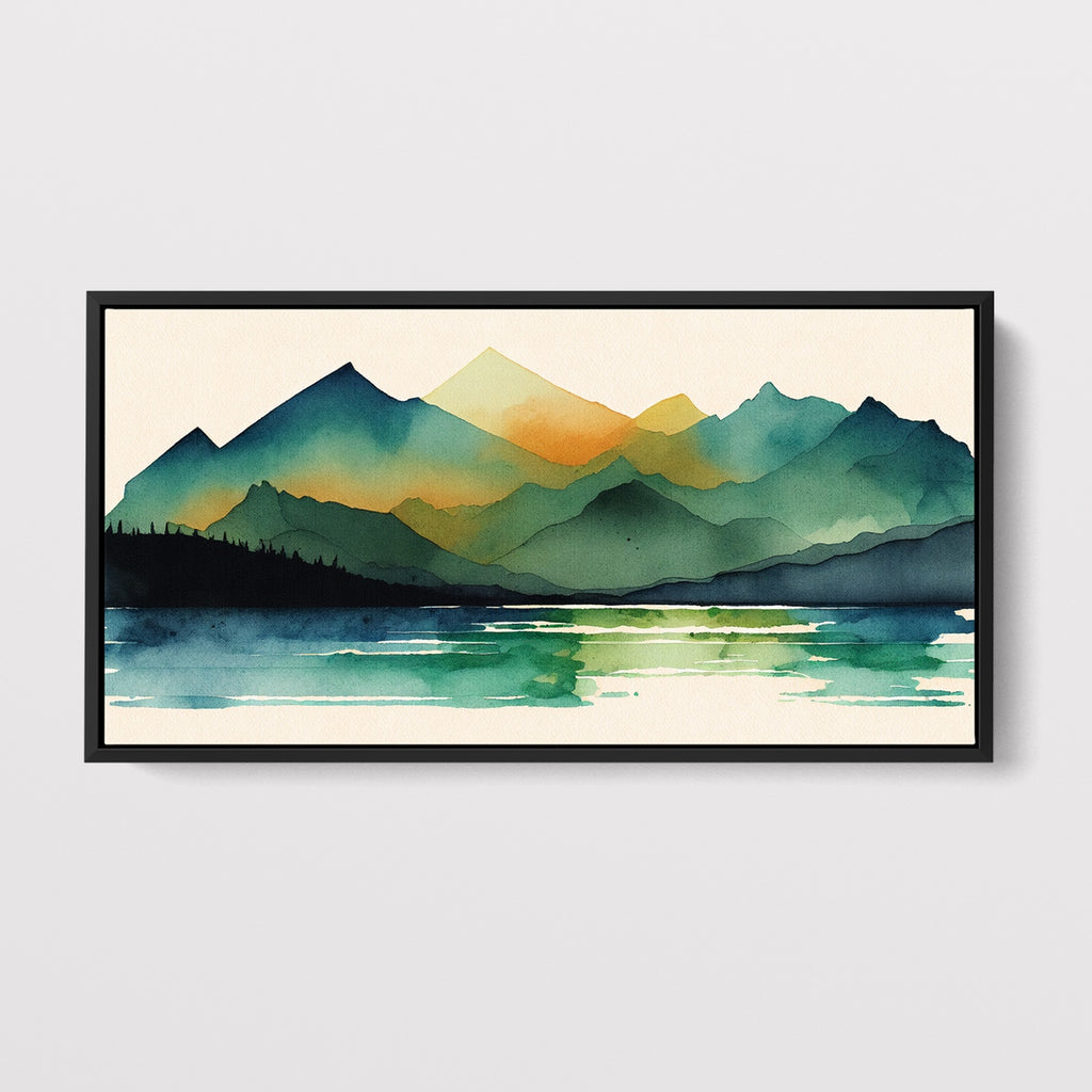 Abstract Watercolor Mountain Artwork in Green and Gold.