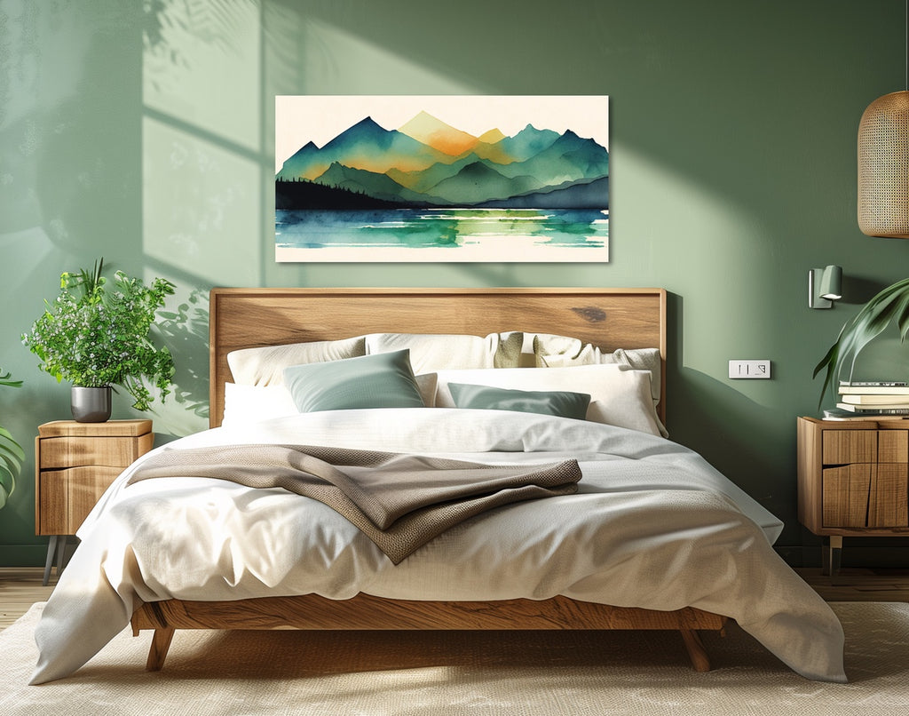 A large watercolor landscape painting in green and gold.