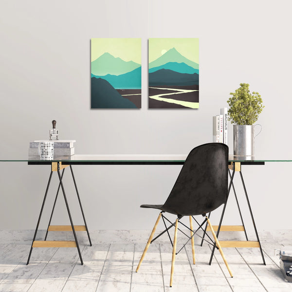 A matching set of two minimalist mountain art prints in green. 