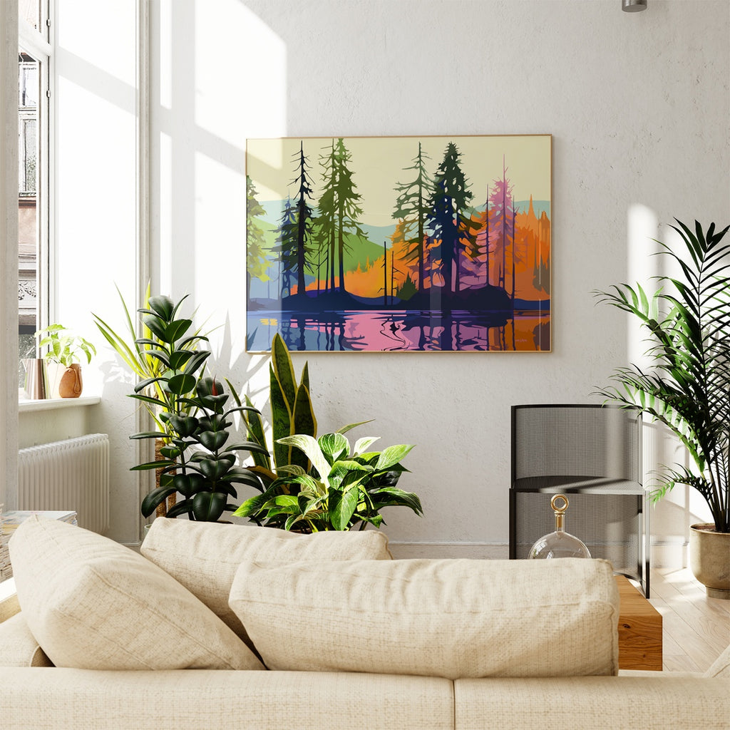 A vibrant scenery wall art print featuring colorful forest reflected on a lake.