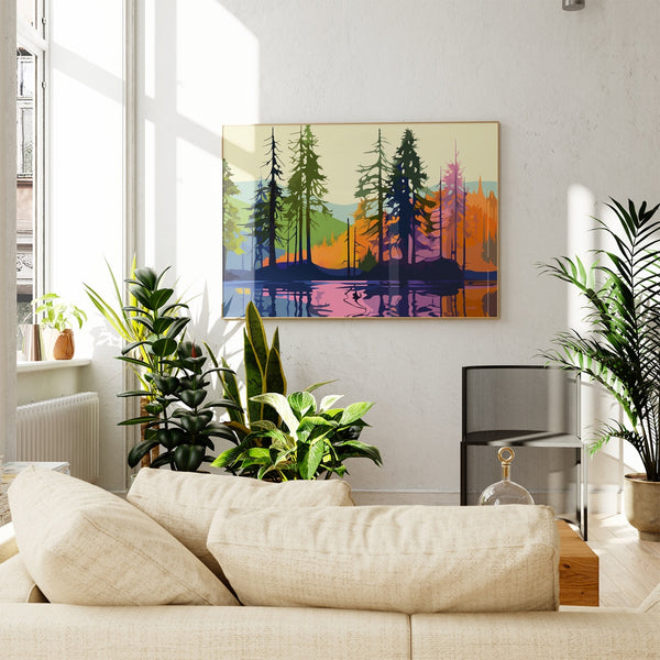 A vibrant scenery wall art print featuring colorful forest reflected on a lake.