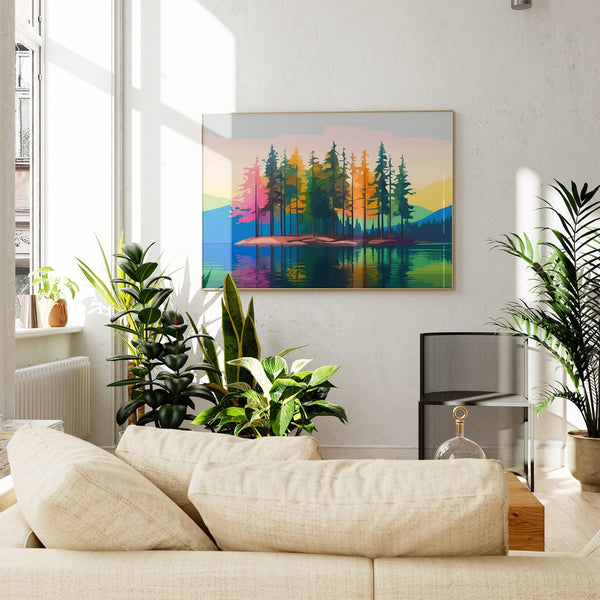 An abstract landscape art print featuring colorful forest reflected on a lake.