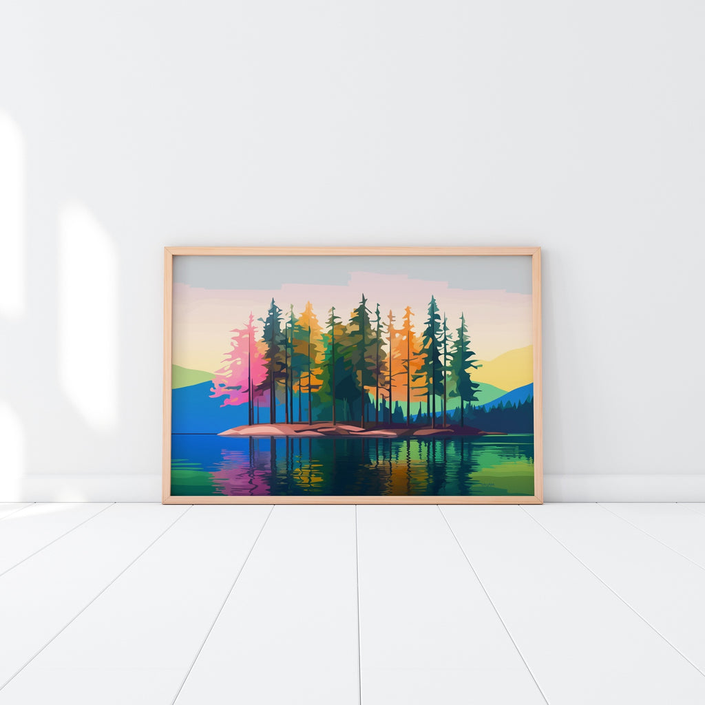 Framed vibrant scenery canvas wall art in blue, green, pink and orange.