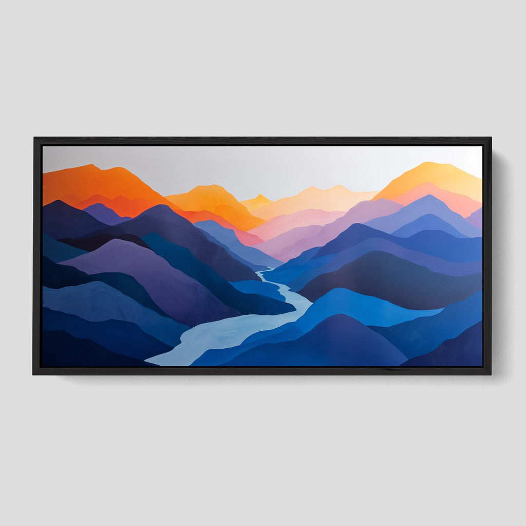 Modern Mountain Canvas Art in Blue and Orange.
