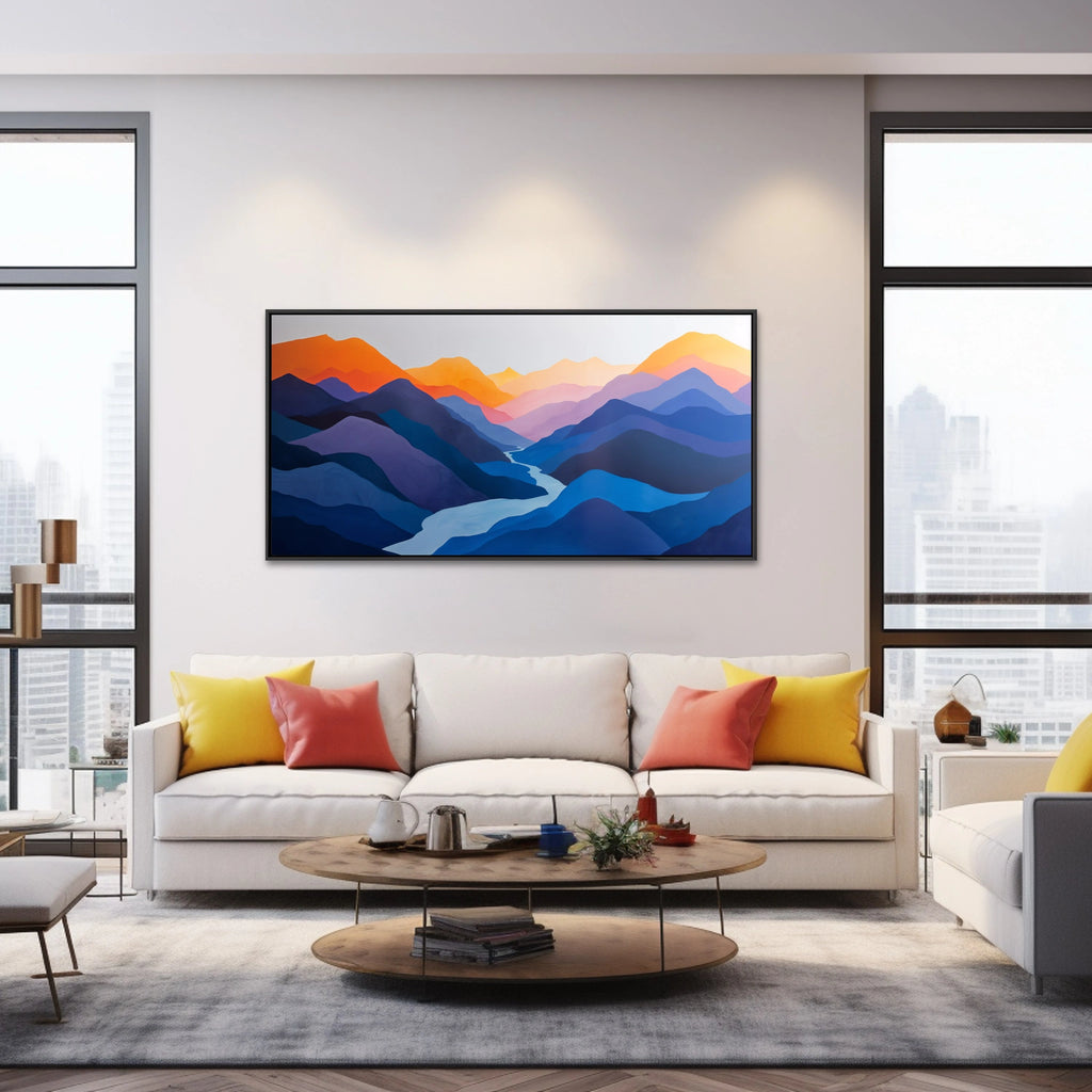 A panoramic nature print features a minimalist mountain range.