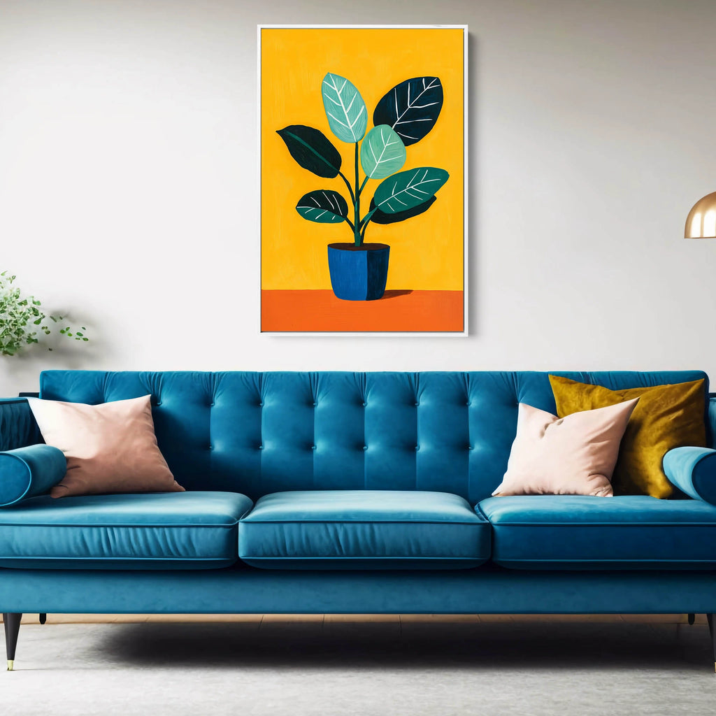 A minimalist botanical wall art in yellow and green.