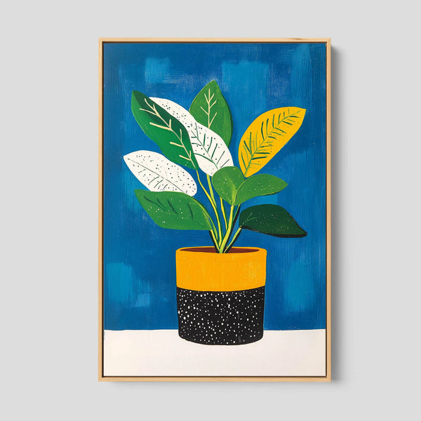 A modern boho botanical wall art in blue, green and yellow. 