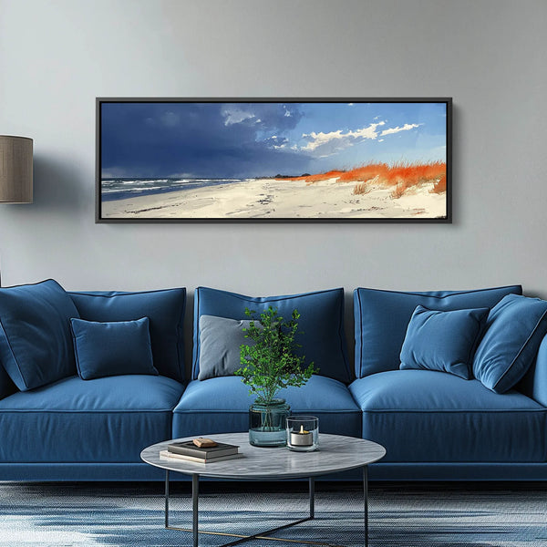 A wide format coastal nature artwork in blue, white and orange