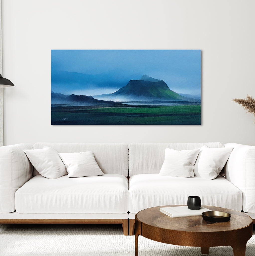A large Iceland canvas painting in blue and green. 