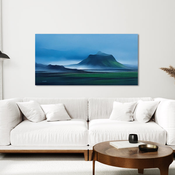 A large Iceland canvas painting in blue and green. 