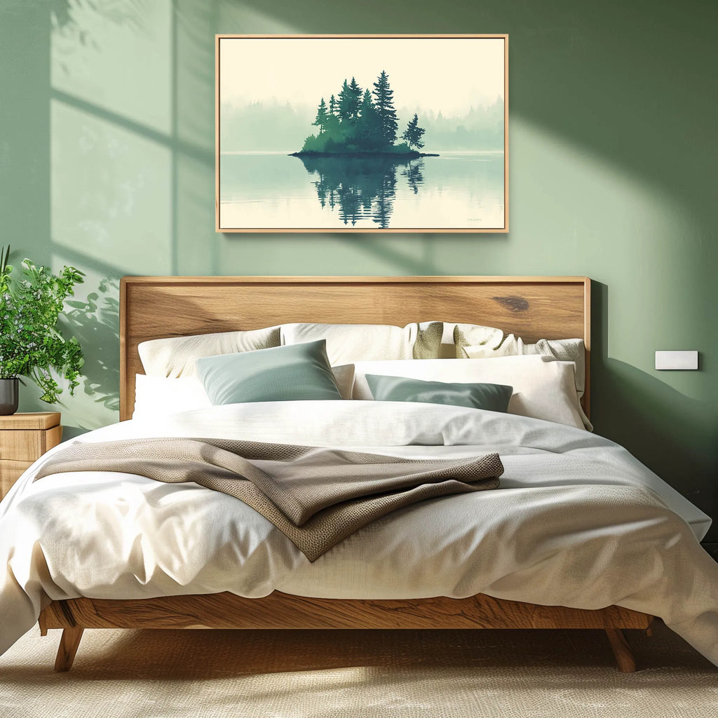 Tranquil Lake Landscape Wall Art In Green.