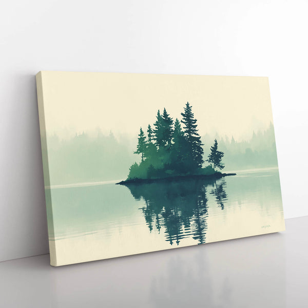 Watercolor artwork of an island in a peaceful lake.