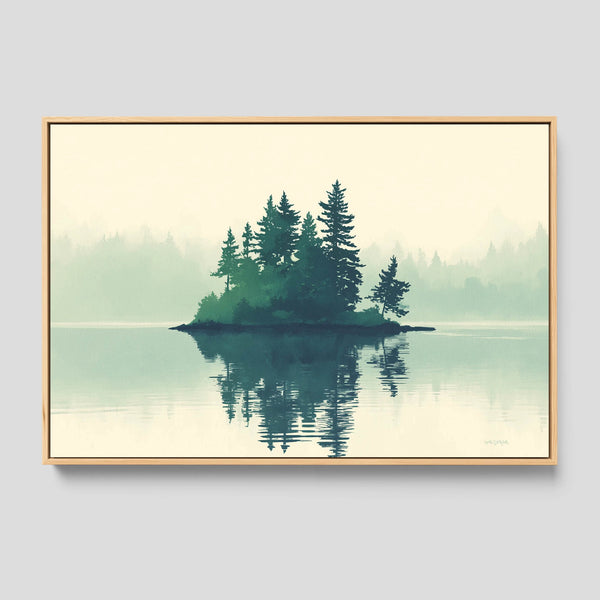 Framed artwork of a serene landscape with trees on an island in a lake.