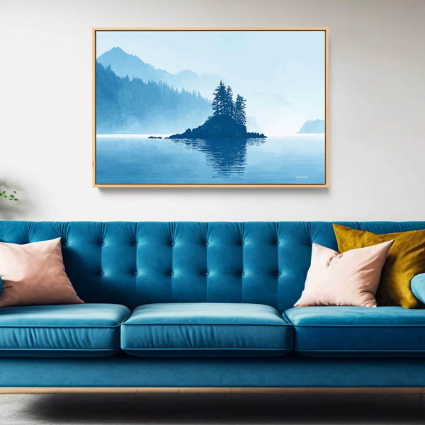 A peaceful lake wall art features a quiet island surrounded by soft blue water.
