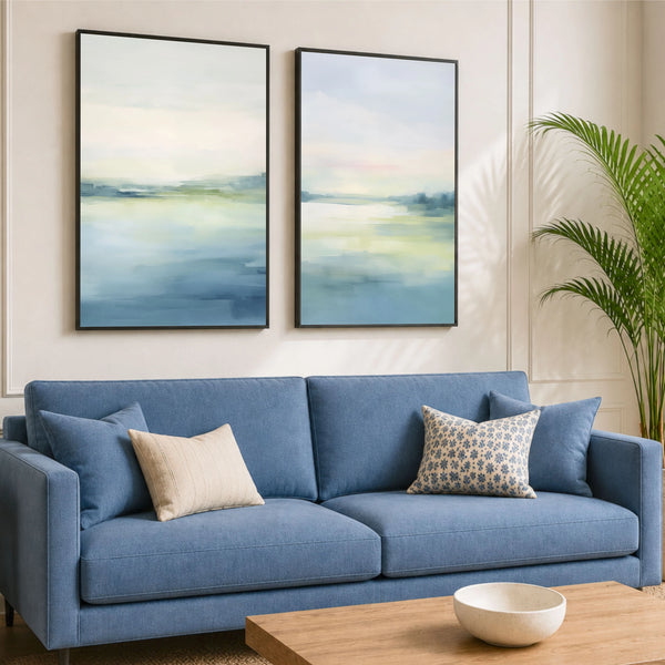 A framed minimal artwork set of 2 featuring a coastal scene.