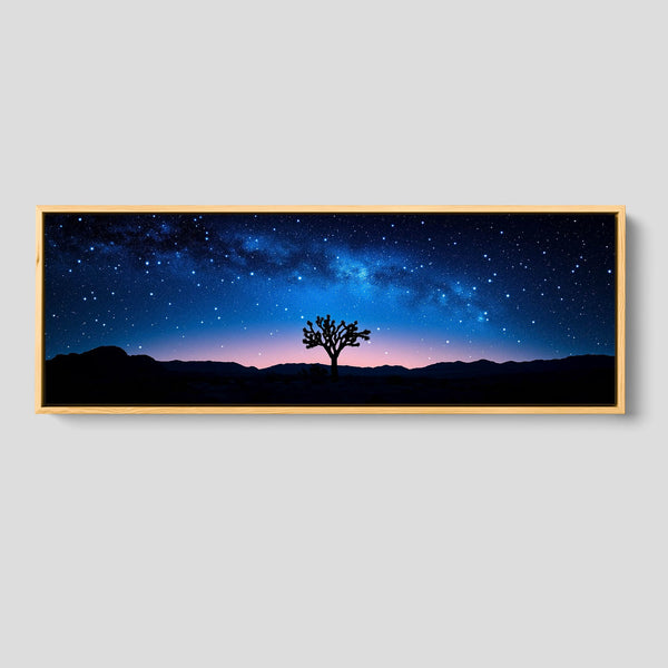 A starry desert wall decor features a dreamy nighttime view of Joshua Tree National Park. 
