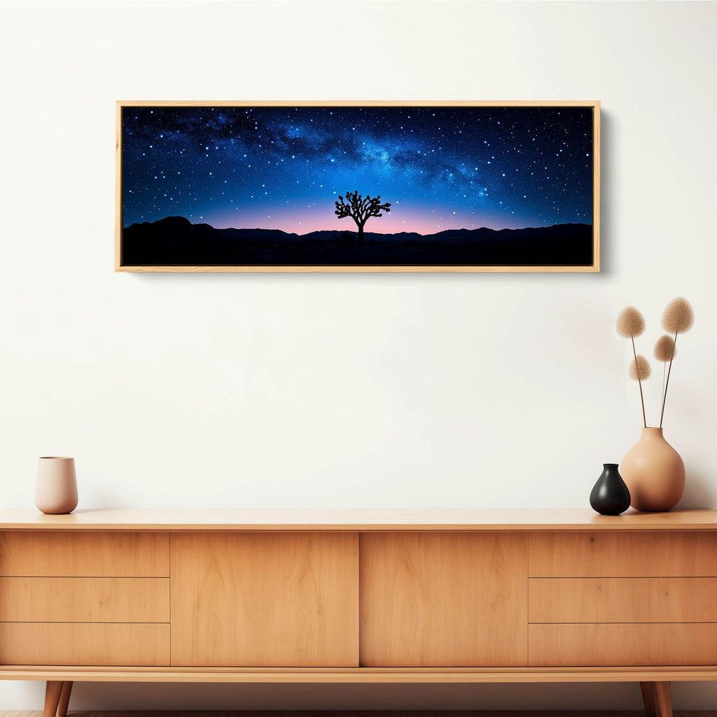 A horizontal peaceful southwestern landscape canvas print in blue.