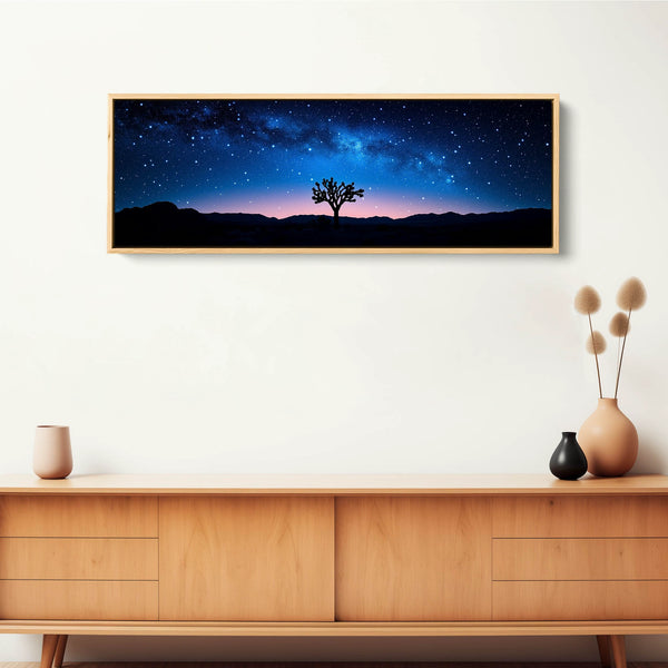 A horizontal peaceful southwestern landscape canvas print in blue.