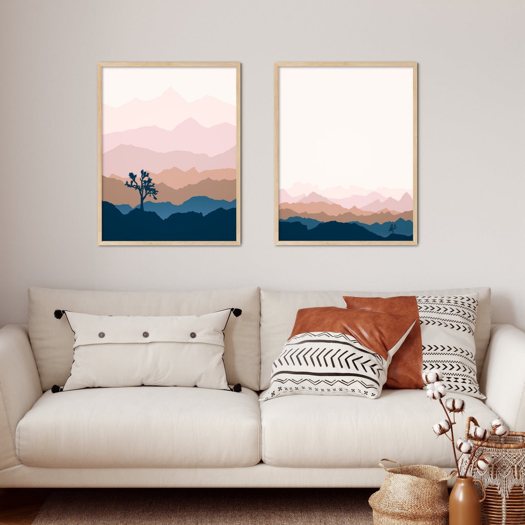 A set of two pink desert art prints featuring Joshua Tree National Park. 
