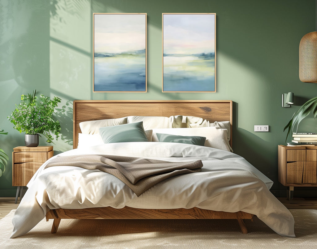 A set of two minimal abstract art prints in light hues.