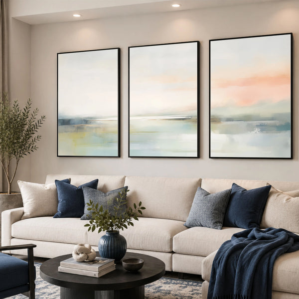 3 panel abstract canvas art in delicate pastel hues.
