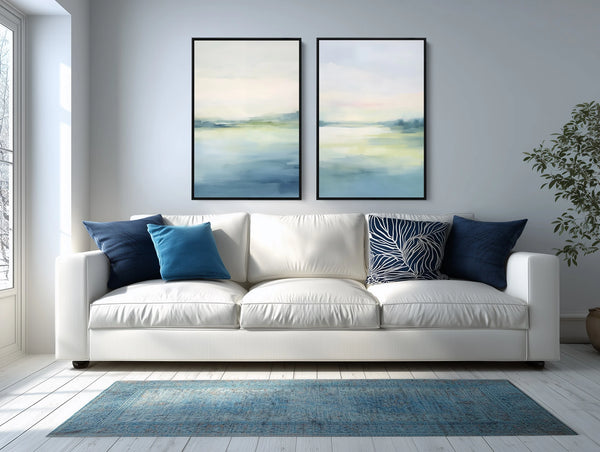 A modern abstract canvas wall art in light blue and green.