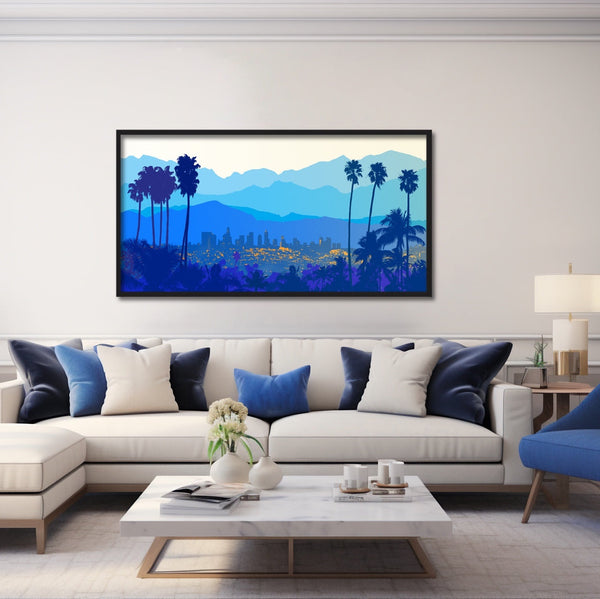 Our popular Los Angeles art print featuring the LA skyline and the San Gabriel Mountains. 