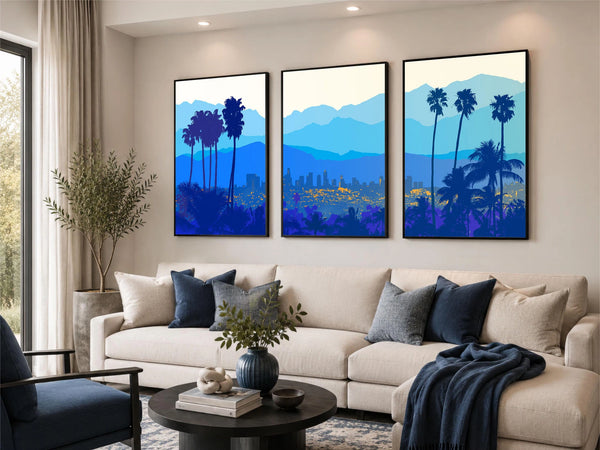 Modern Los Angeles Skyline Cityscape in Shades of Blue and Gold.