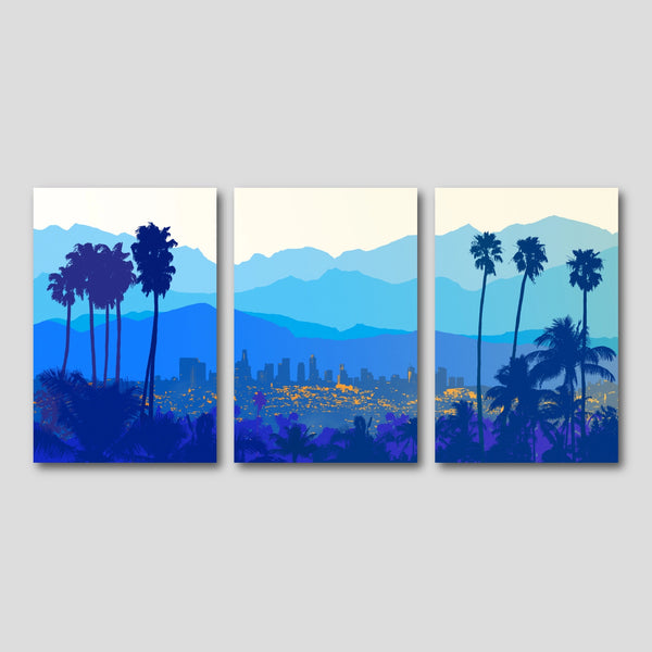 Modern Los Angeles Skyline Cityscape in Shades of Blue and Gold.