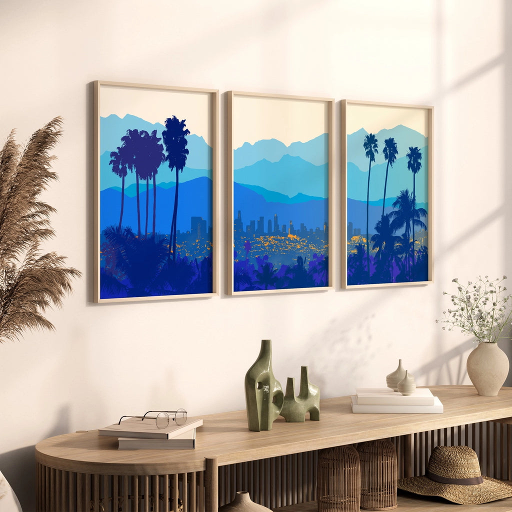 3 Piece wall art set featuring the LA skyline and the San Gabriel Mountains. 