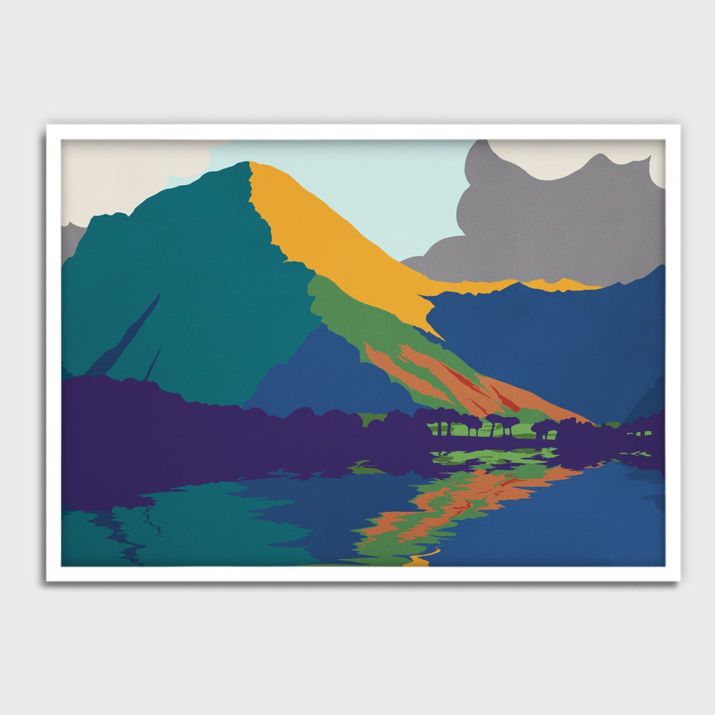 Lake District Minimalist Art Print in green, blue and yellow.