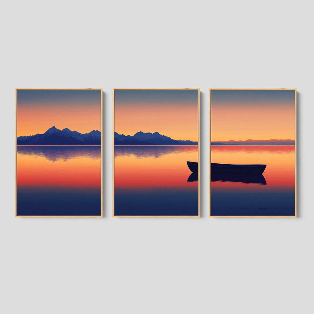3 piece scenery art featuring glowing skies and peaceful waters.