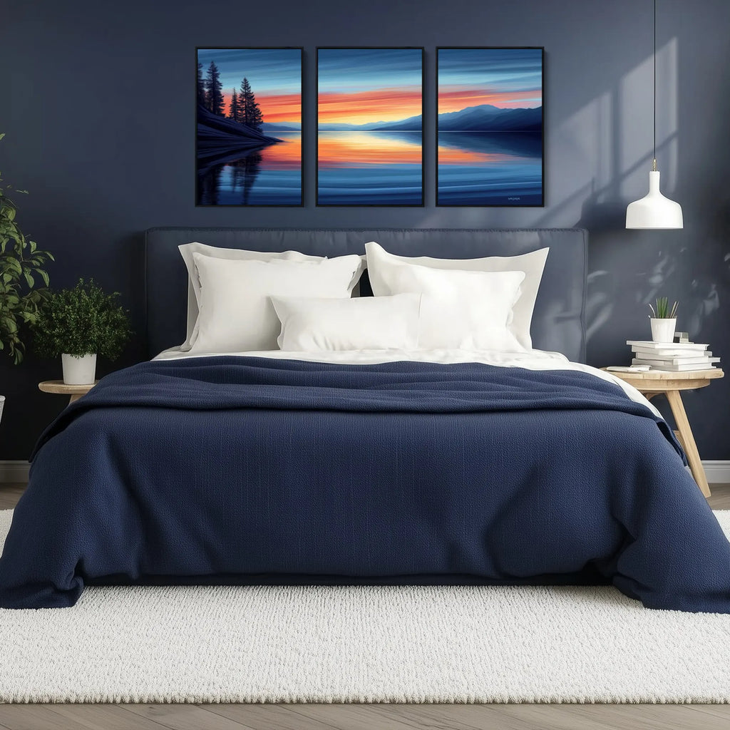3 Piece Sunset Panorama Wall Art Set in Blue and Orange.