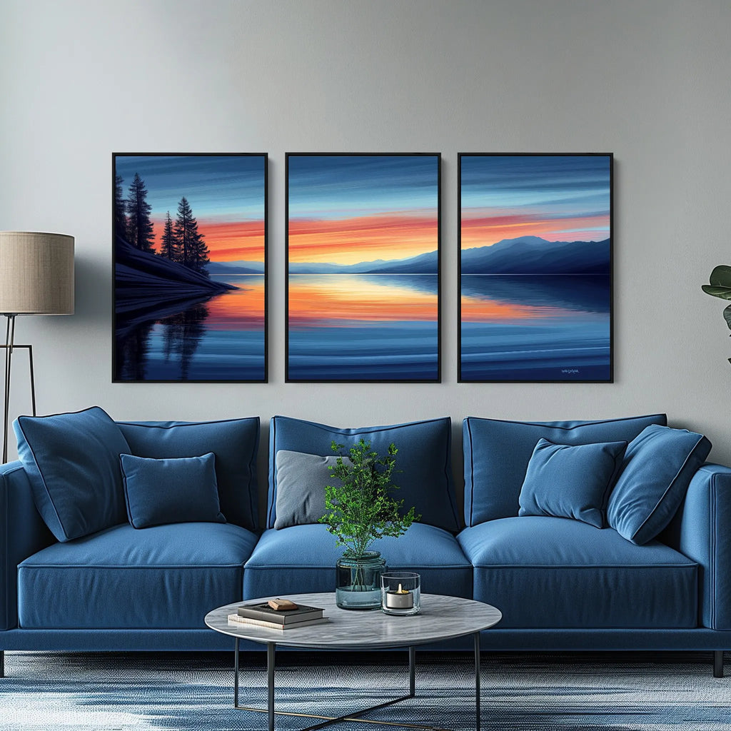 Lake Tahoe art featuring tranquil waters and vibrant sunset hues.