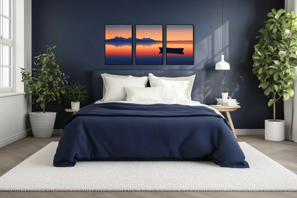 3 piece scenery wall art featuring glowing skies and peaceful waters.