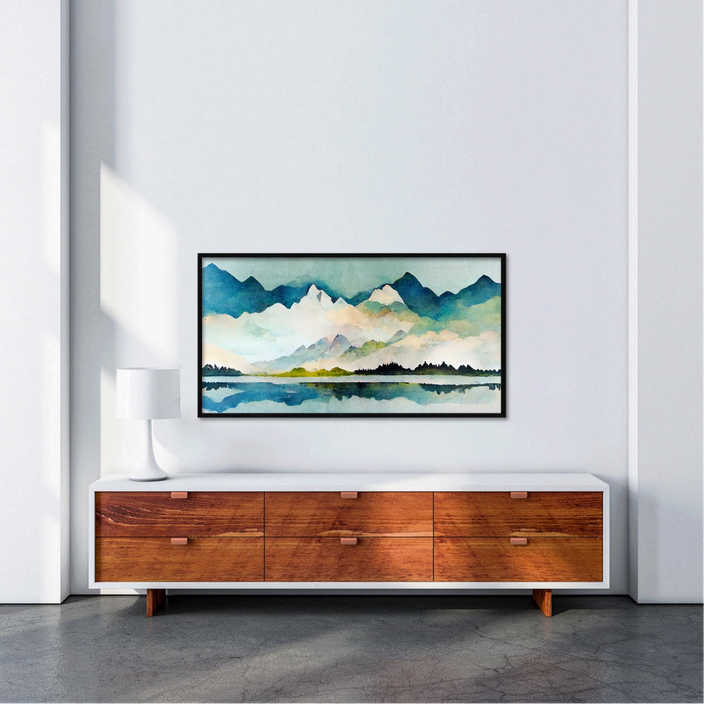 Blue-green panoramic watercolor nature artwork.