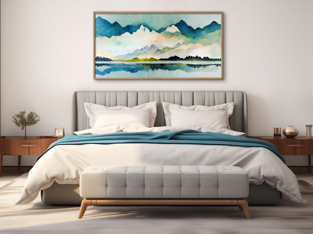 A horizontal abstract landscape canvas wall art print in blue and green.