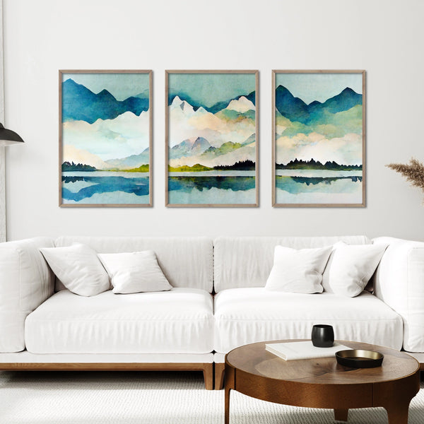 An abstract mountain print set in soft blues and greens. 