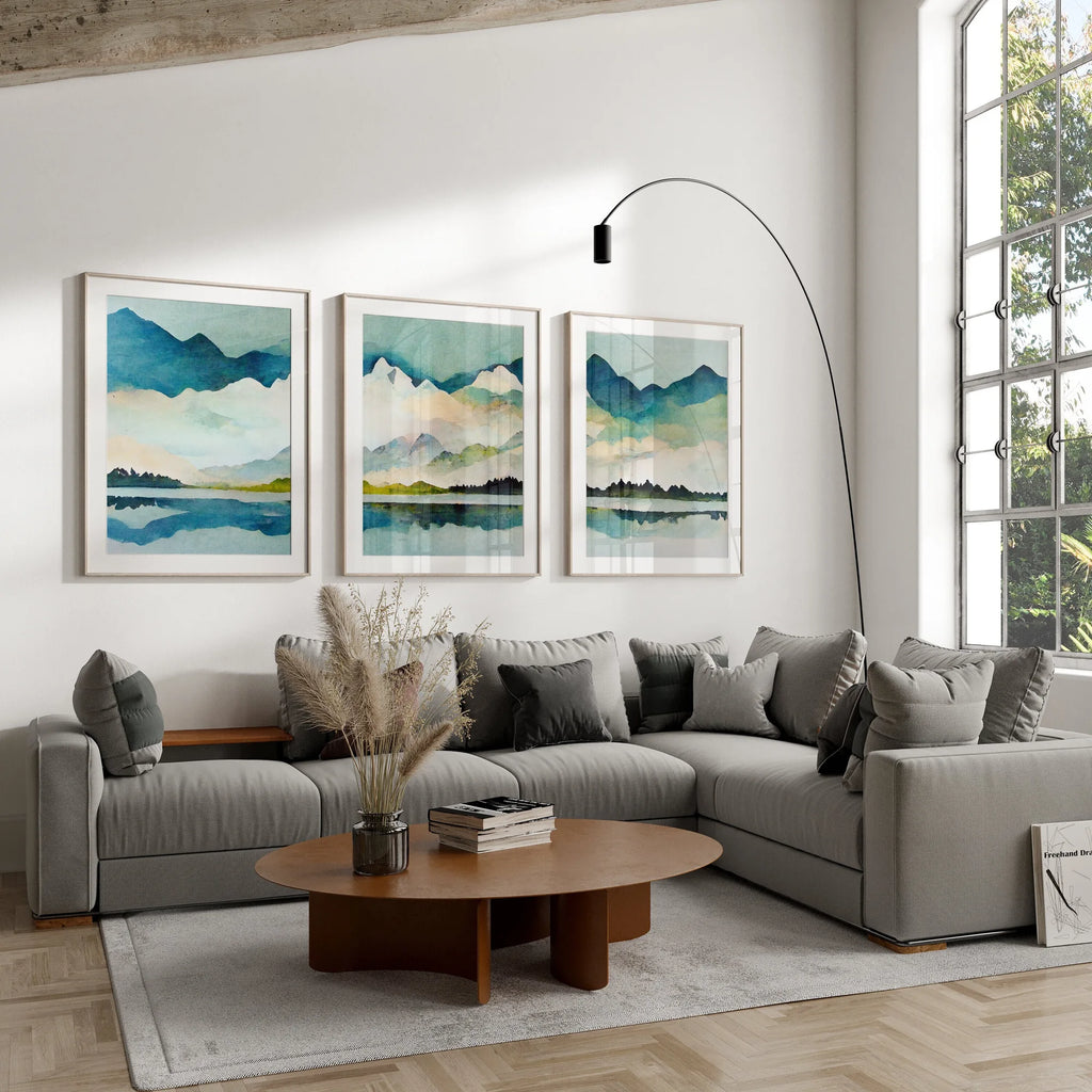 Triptych Watercolor Landscape in Pastel Colors.