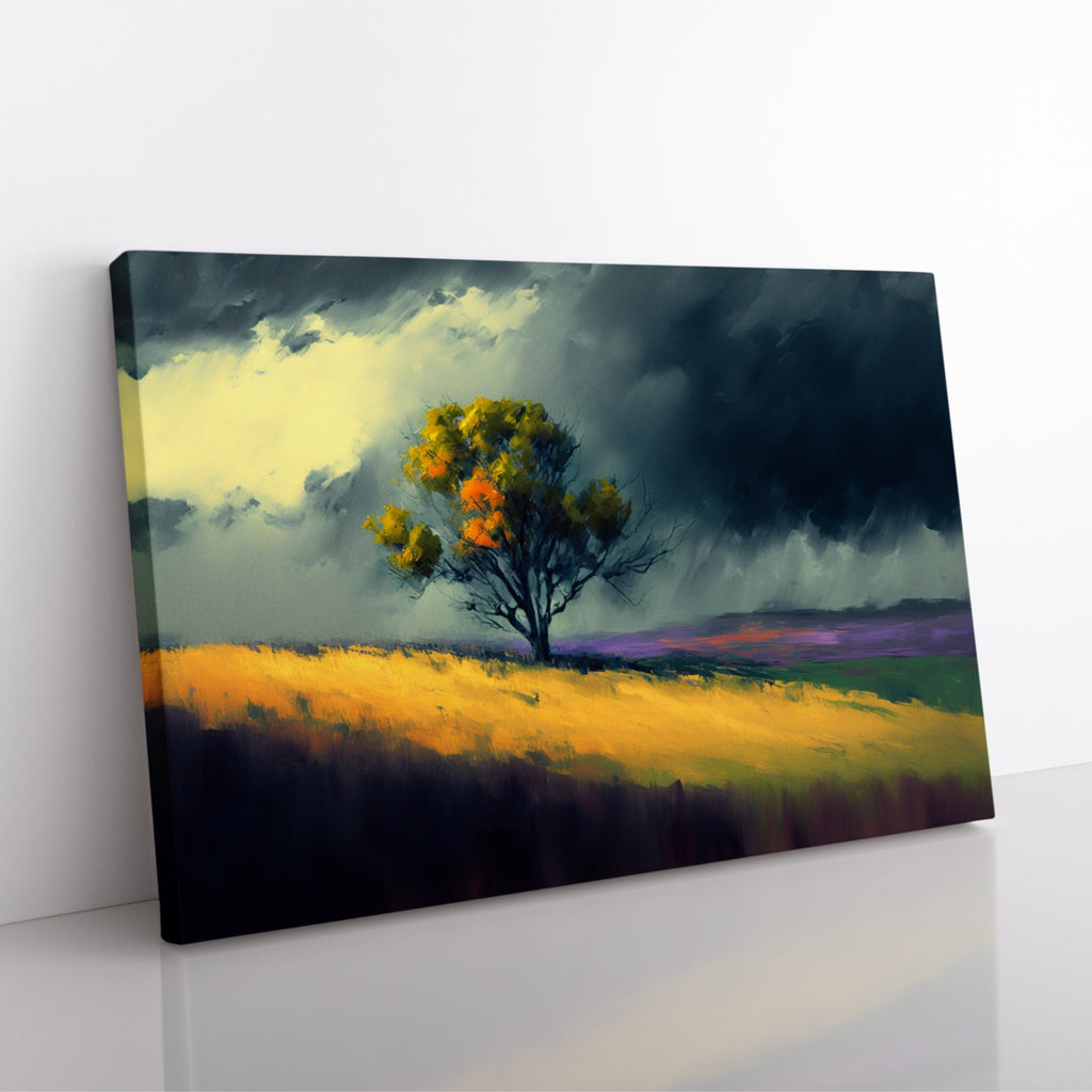 Modern Country Landscape Painting Featuring a Lone Tree in a field.
